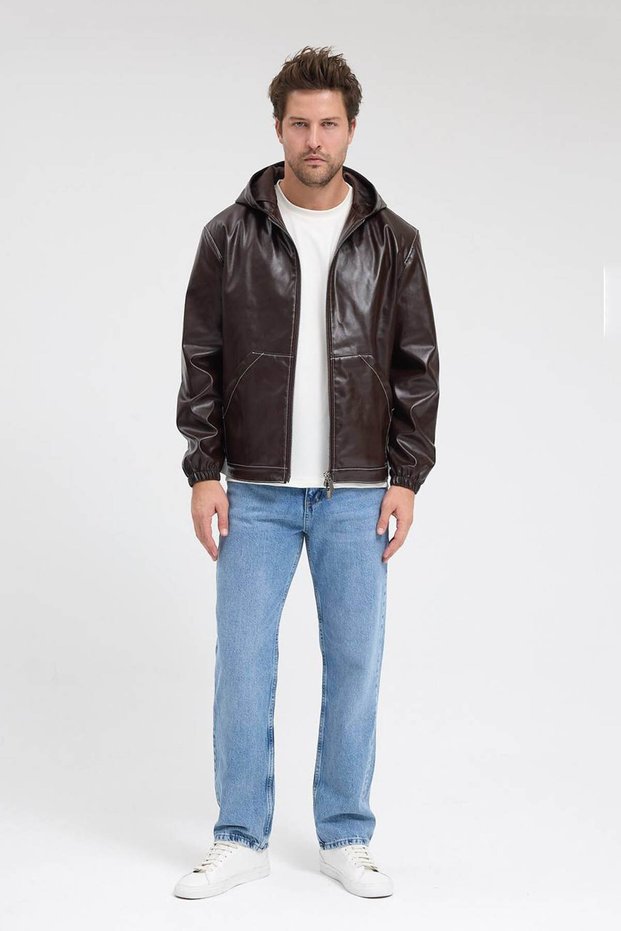 Men's genor oversize hooded leather jacket brown color