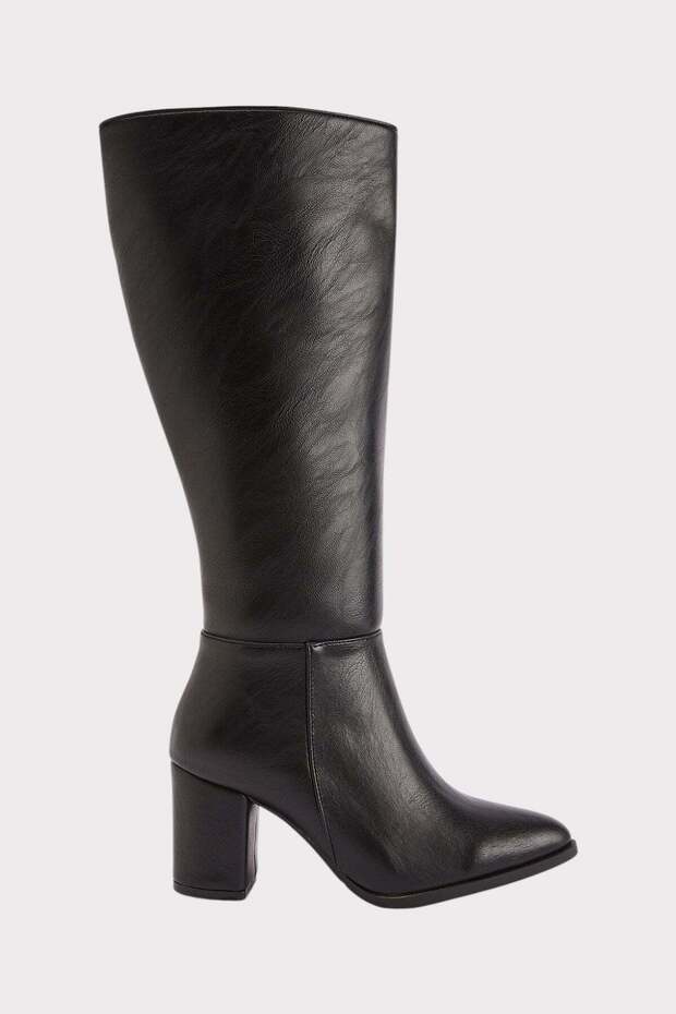 Women's Thick Block Heeled Pointed Toe Side Zipper Below the Knee Boots Black