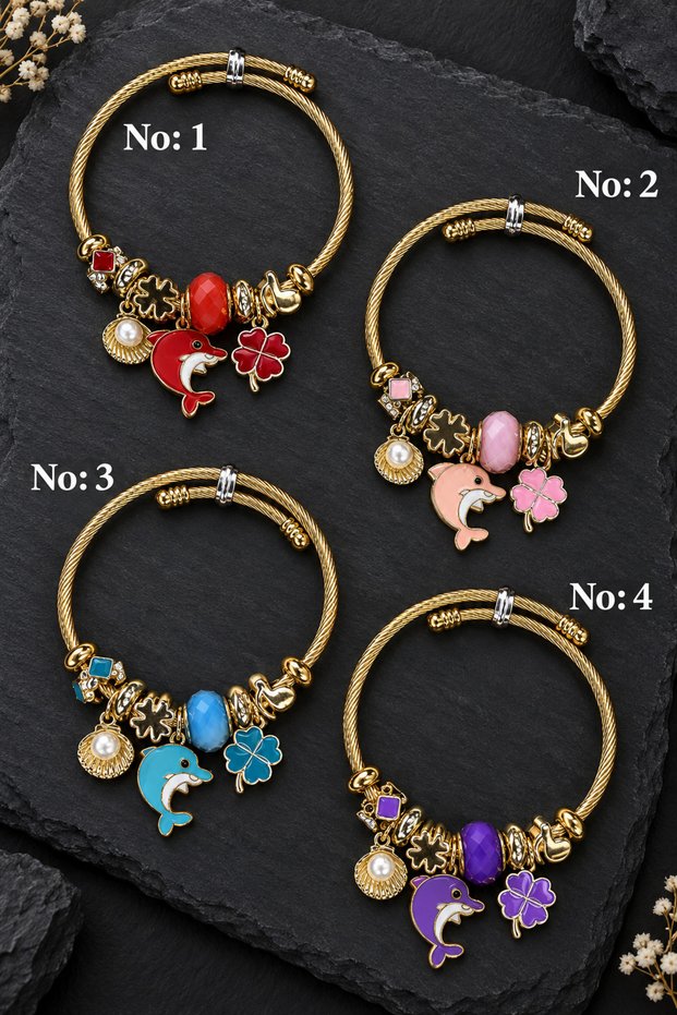 Women's Steel Dolphin Charm Bracelet with Stone and Zircon Detail