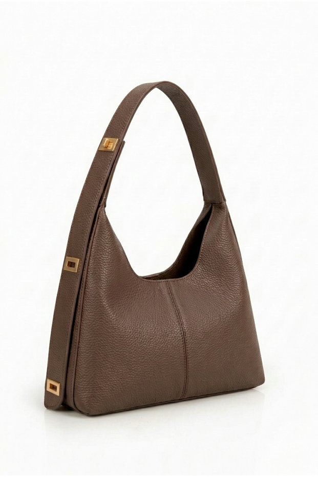 Women's Brown Suede Luxury Leather Shoulder Bag - Adjustable Lock Strap and Puppy Form