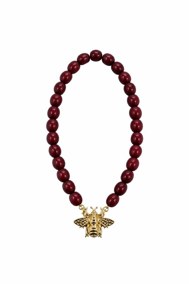 Miel Burgundy Beaded Bee Figured Necklace