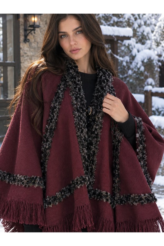 Fur Poncho Women's Fur Detailed Tasseled Triangle Shawl Poncho Knitwear Shoulder Shawl