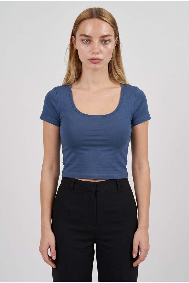Women's blue u-neck lycra plain basic short sleeve crop top