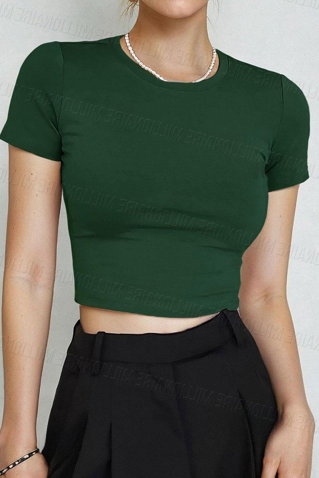 Women's grass green crew neck lycra short sleeve body crop blouse