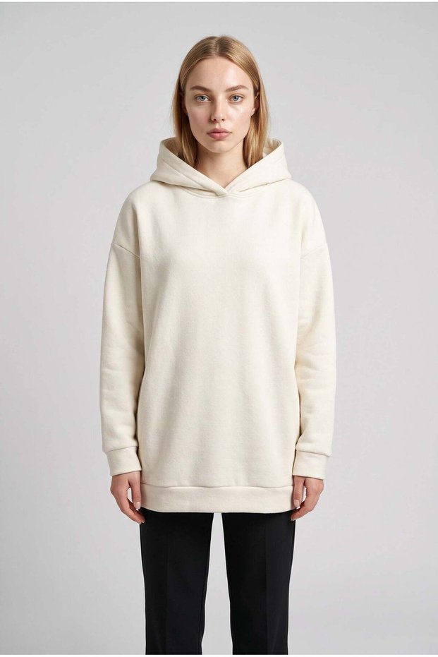 Women's Off-White Cream Ecru Plain Hooded Oversize 3 Thread Threaded Loose Fit Hoodie
