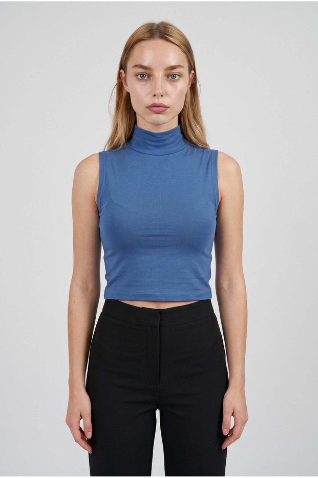 Women's Blue Color Half Fisherman Collar Body-Fitting Basic Flexible Athlete Crop Blouse