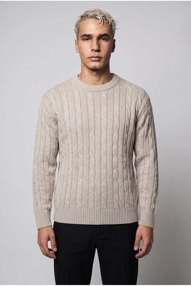 Men's Stone Hair Knit Sand Beige Zero Crew Neck Regular Knitwear Wool Blend Thick Acrylic Sweater