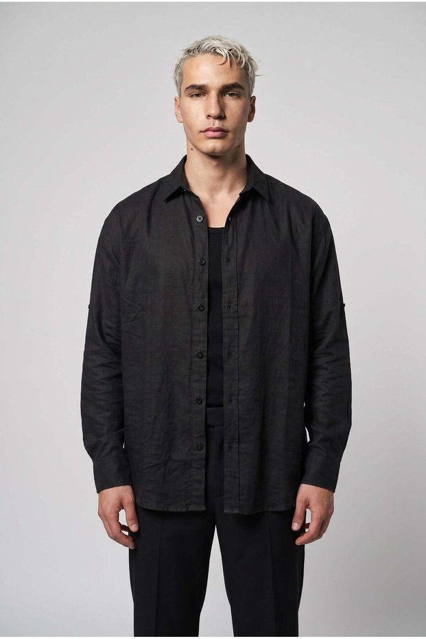 Lisbon Men's Black Colored Half Oversize Linen Shirt