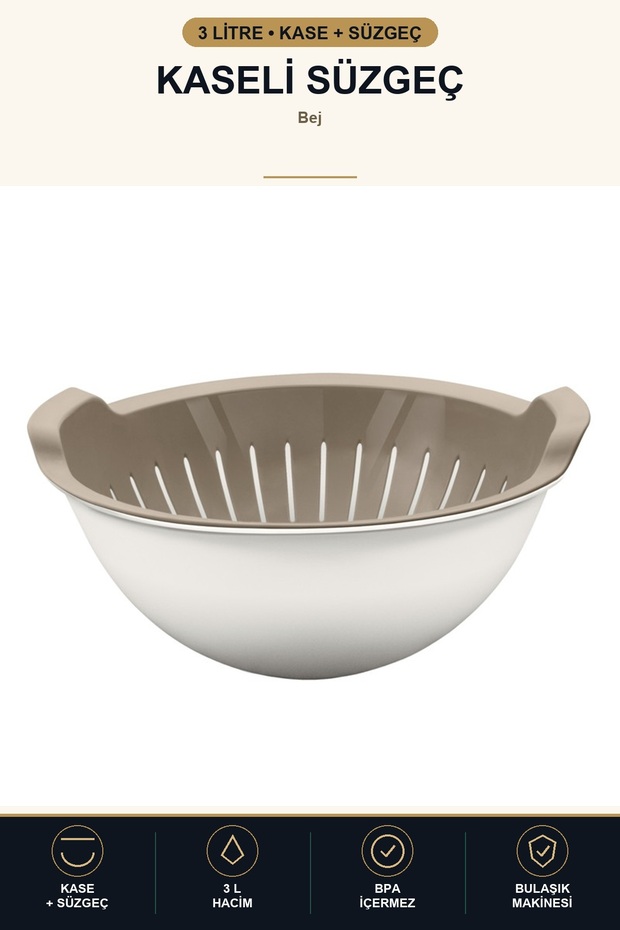 Colander with Bowl 3 L Multi-Purpose Storage and Straining Container for Vegetables, Fruits, Rice, Beige