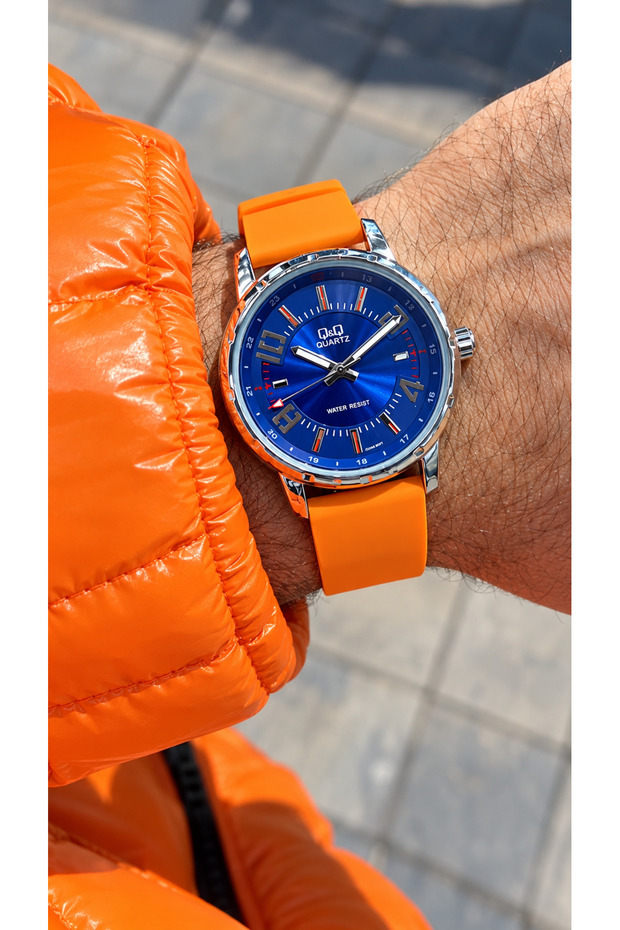 In Stylish Box, Orange Silicone Cord, Parliament Blue Dial, Men's Wristwatch + Bracelet