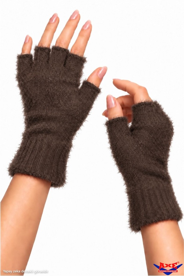 Winter Brown Soft Textured Fingerless Cut-Out Half Finger Plush Comfortable Use Luxury Gloves Glove