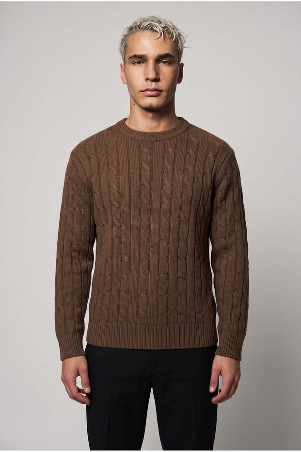 Men's Brown Hair Knit Zero Crew Neck Regular Knitwear Wool Blend Thick Acrylic Sweater