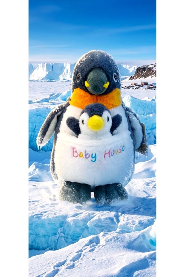 Cute Mother Penguin Plush Toy Family with Baby Kangaroo Pockets