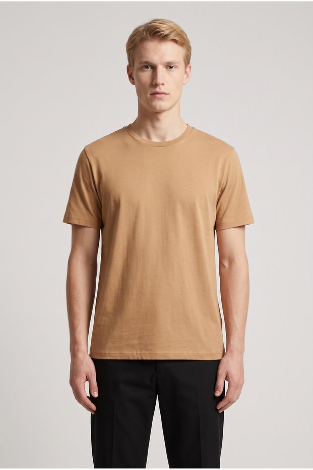 Men's Camel 100% Cotton Breathable Zero Bicycle Collar Standard Regular Fit Regular Cut Unprinted Bas