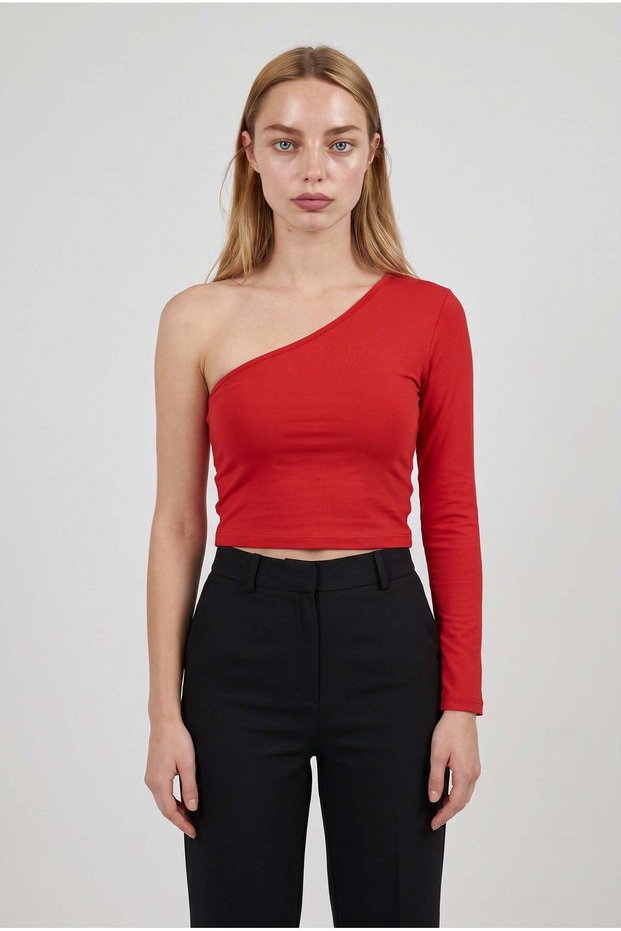 Women's Red Colored One-Shoulder Body-Fitting Basic Athlete Style Stretchy Crop Blouse