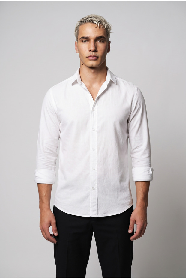 Men's Arturo White Colored Soft Textured Gabardine Look Long Sleeve Shirt