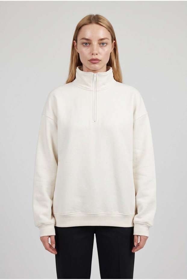 Women's Ecru Off-White Turtleneck 3 Thread Fleece Inside Ribbed Oversize Sweatshirt