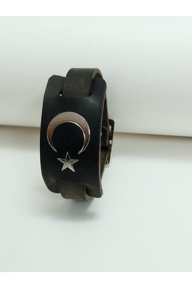 Moon Star Silver Gilt Printed Genuine Leather Bracelet, 2.5 cm Wide