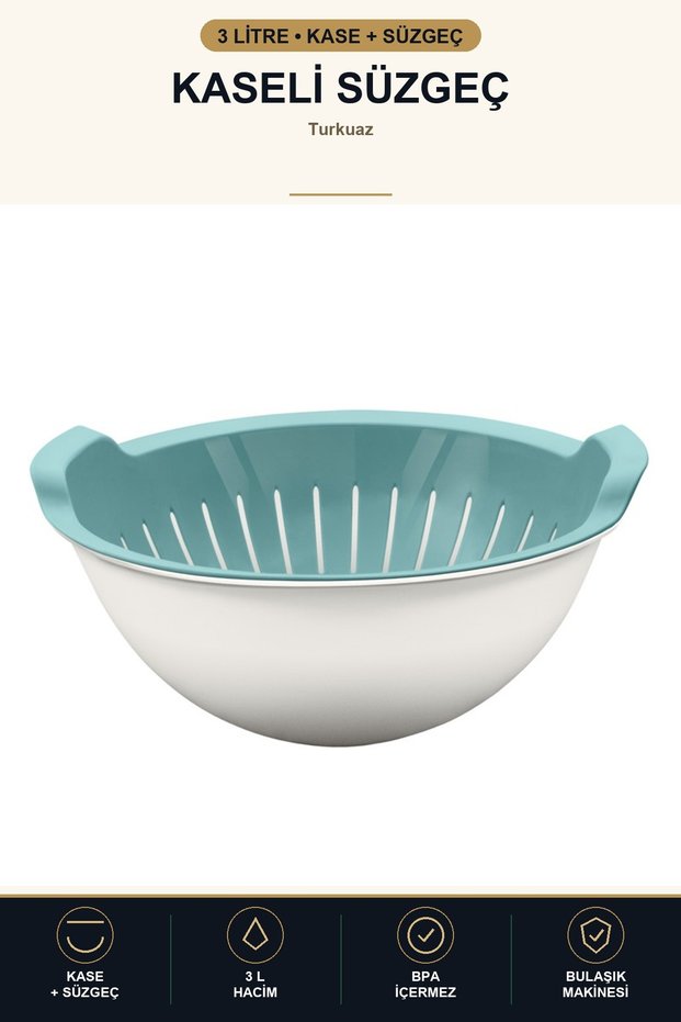 Colander with Bowl 3 L Multi-Purpose Storage and Straining Container for Vegetables, Fruits, Rice, Turquoise