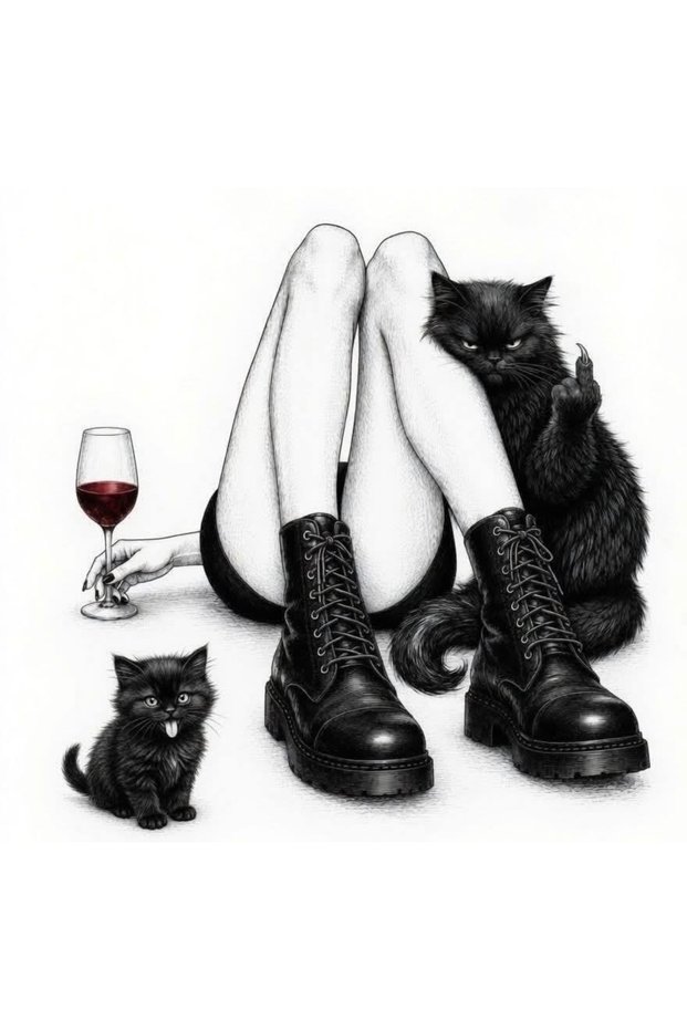 Postcard Girl and Grumpy Black Cats Themed Large Size Sticker / Foil Decal (20X20 cm)