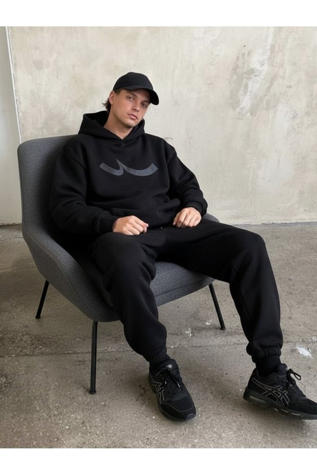 Regular Fit Sign Printed Hooded Black Sweatshirt