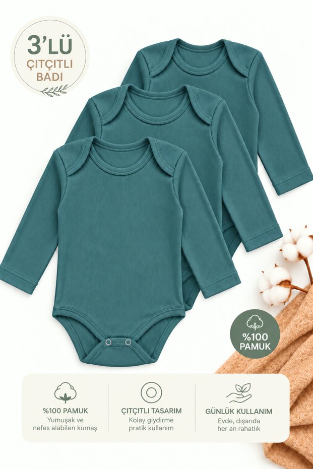 Girl's and Boy's Baby Green Colored 3-Piece Set Cotton Seasonal Long Sleeve Bodysuit with Snap Fasteners