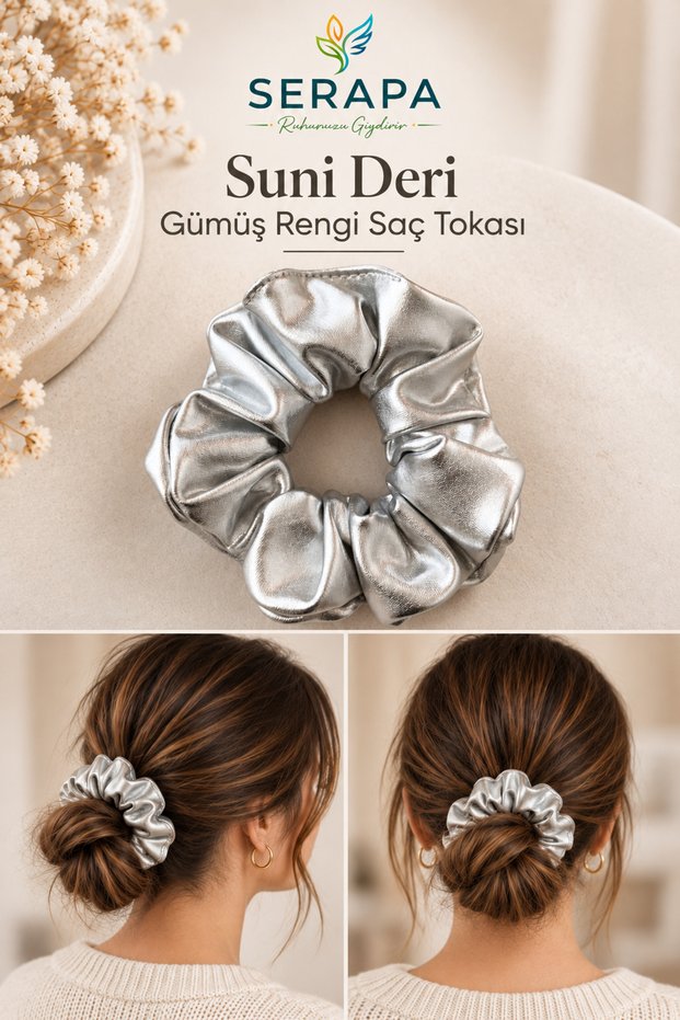 Women's Scrunchie Hair Clip Faux Leather Look Metallic Silver Elastic Hair Clip