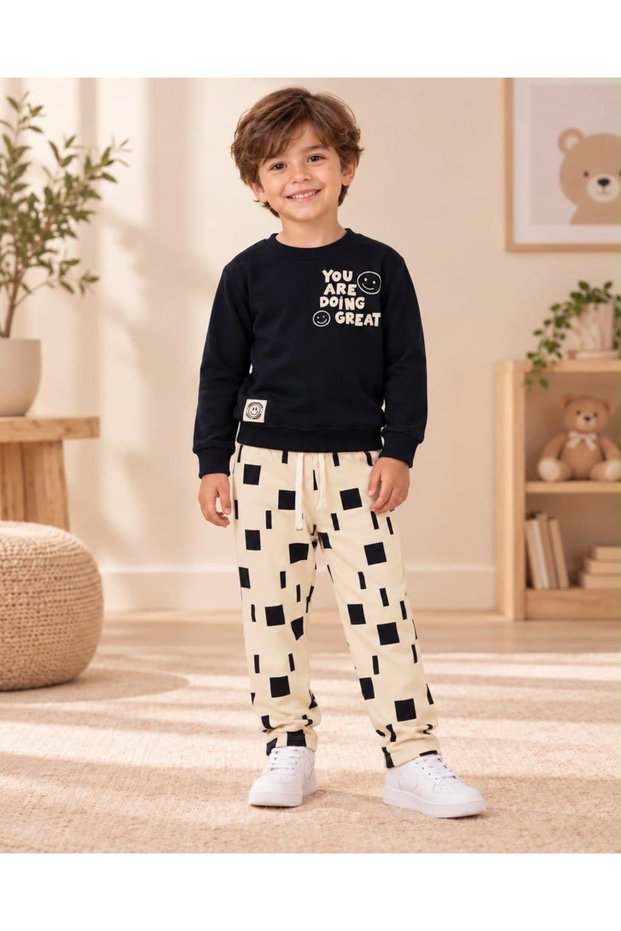 Boys' 3-Thread Cotton Printed Black Sweatshirt Pants Set