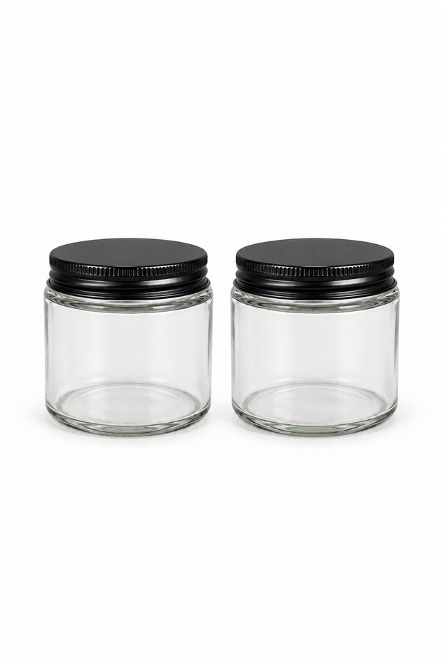 2 Pieces 100 ml Transparent Glass Jars with Black Metal Lids - for Candle, Cream, Cotton and Hobby Storage