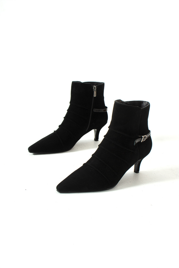 Senna Genuine Leather Suede Women's Pleated Detailed Thin Heeled Boots