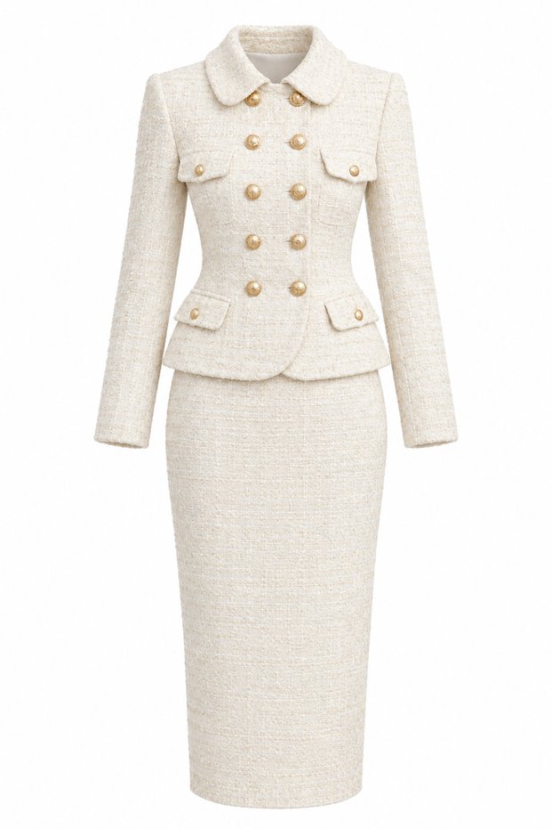 Gold Button Detailed Jacket and Midi Skirt Tweed Set