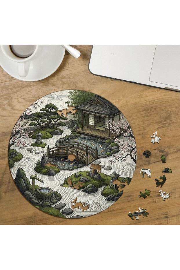 Japanese Zen Garden Designed Special Cut Round 272 Piece Wooden Puzzle Mpda694