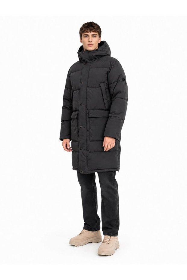 Men's Black Hooded Regular Fit Coat