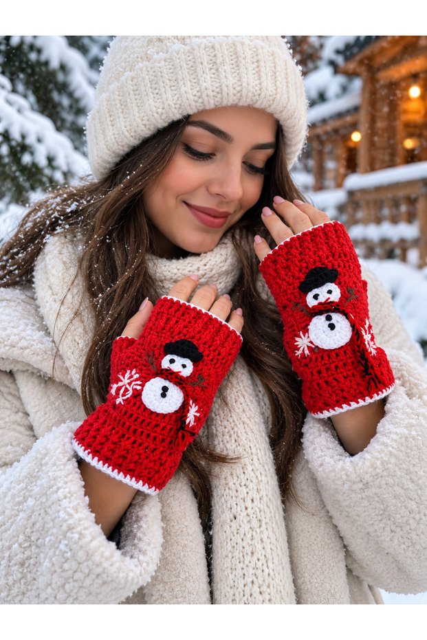 New Year Concept Snowman Figured Knitted Gloves – Winter, Cute, and Stylish Design