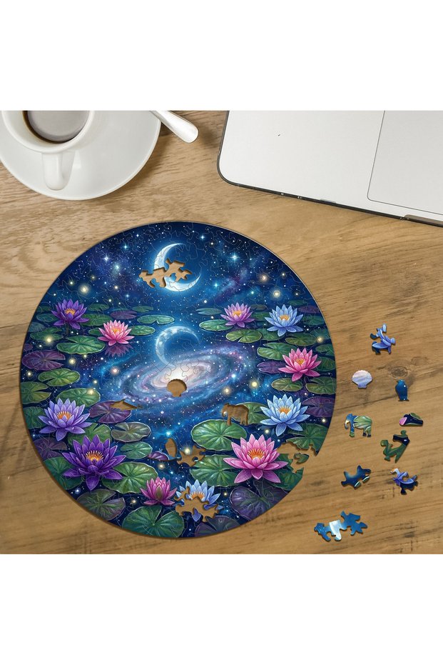 Starry Night Lotus Flowers Design Special Cut Round 272 Piece Wooden Puzzle Mpda507