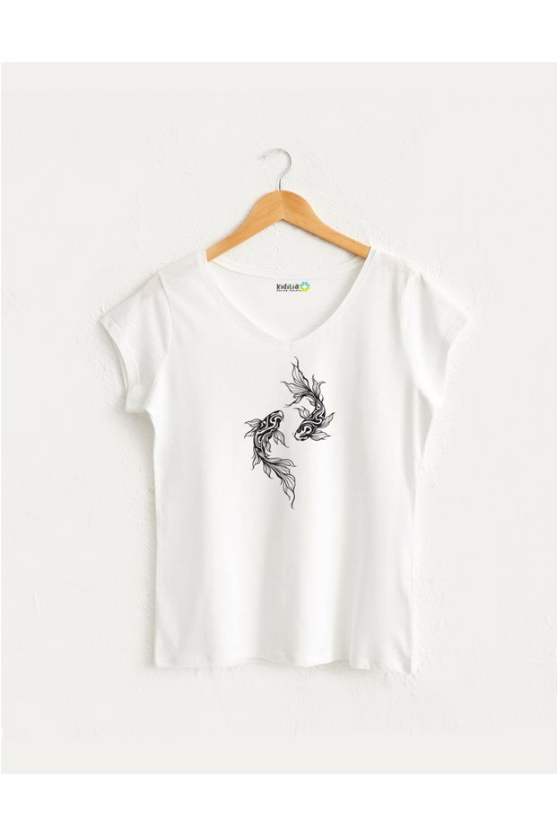 Yin Yang Black Fishes V-Neck T-Shirt