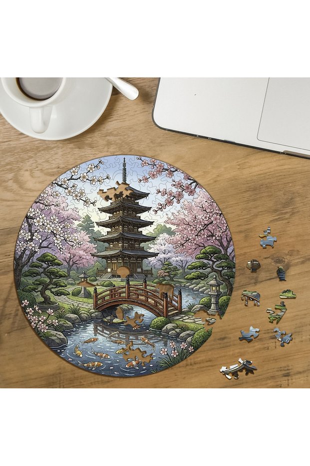 Japanese Garden Designed Custom Cut Round 272 Piece Wooden Puzzle Mpda777