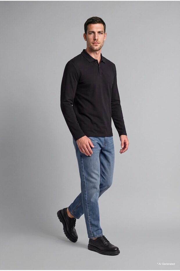 100% Cotton Regular Fit Polo Collar Pique Long Sleeve Basic T-Shirt J1274Ax26Wn