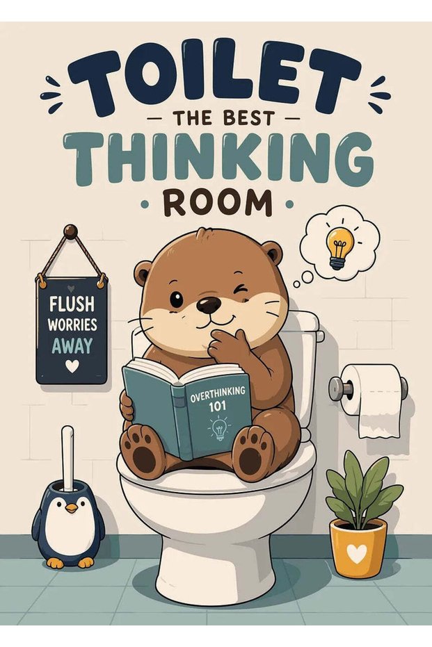 Otter Reading Overthinking Book on Toilet Funny Metal Poster - Magnetic Wall Art Print