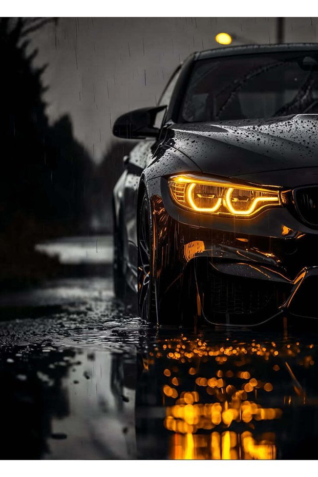 Black BMW in Rain Car Metal Poster - Magnetic Wall Art Print