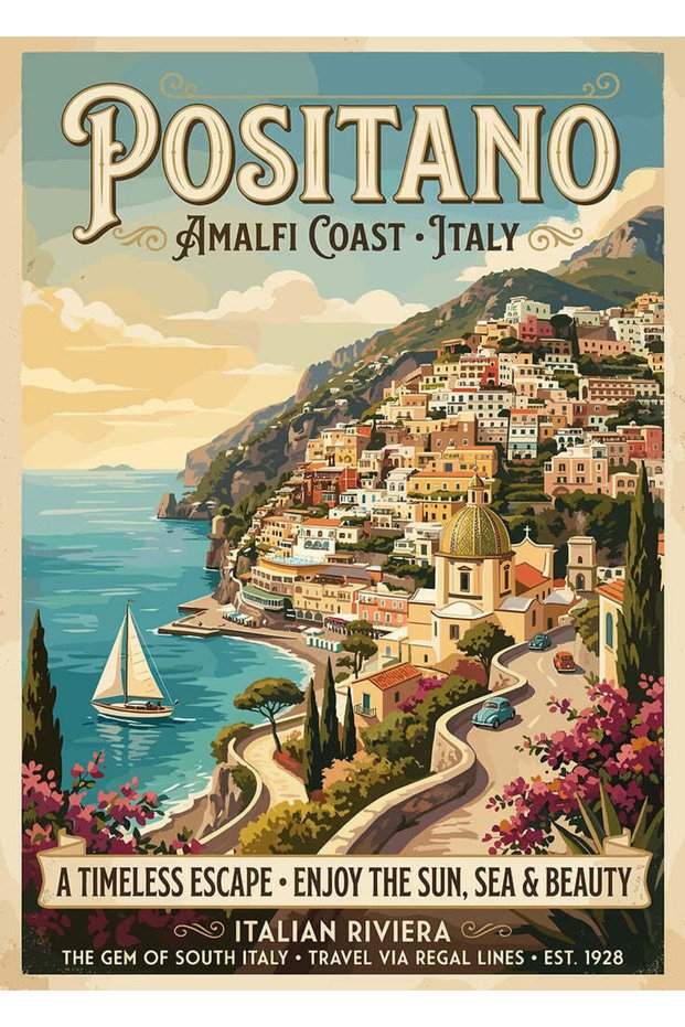 Vintage Positano Travel Metal Poster - Magnetic Wall Art Print