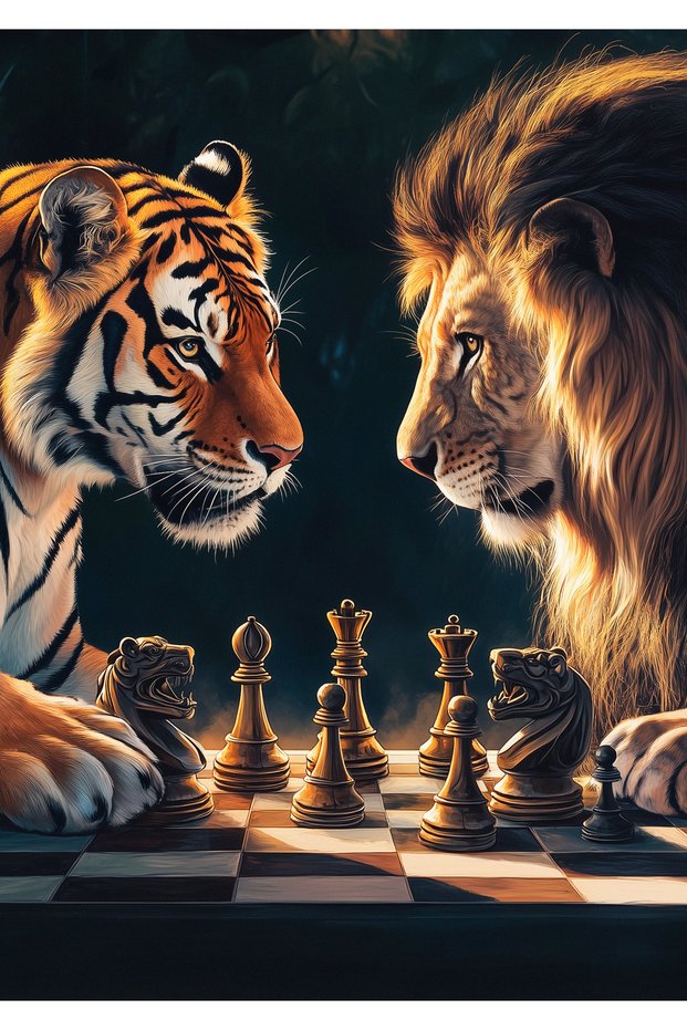 Tiger and Lion Chess Game Pop Art Metal Poster - Magnetic Wall Art Print