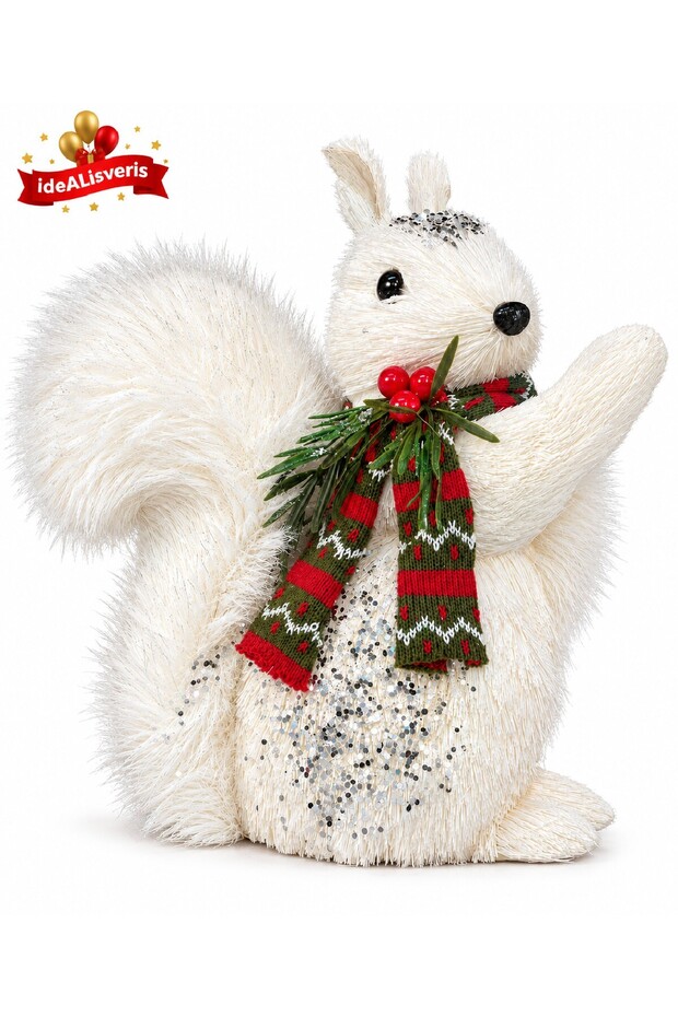 Luxurious New Year Squirrel Figure with White Feathered Sequined Body and Scarf Detail, Decorative Christmas Ornament, Luxurious New Year Ornament