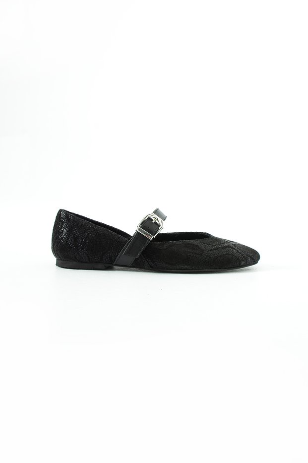 Black Women's Genuine Leather Snake Patterned Buckle Mary Jane Ballerina Shoes