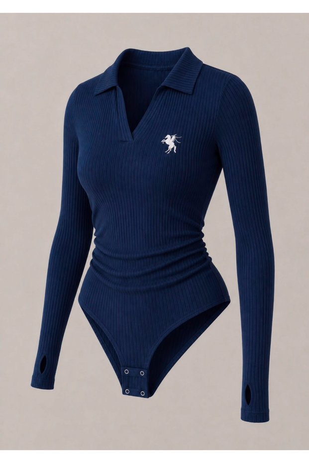 Polo Collar Embroidered Long Sleeve Bodysuit Blouse