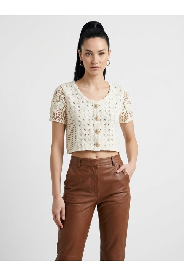Women's Crochet Gold Buttoned Round Neck Seasonal Crop Blouse