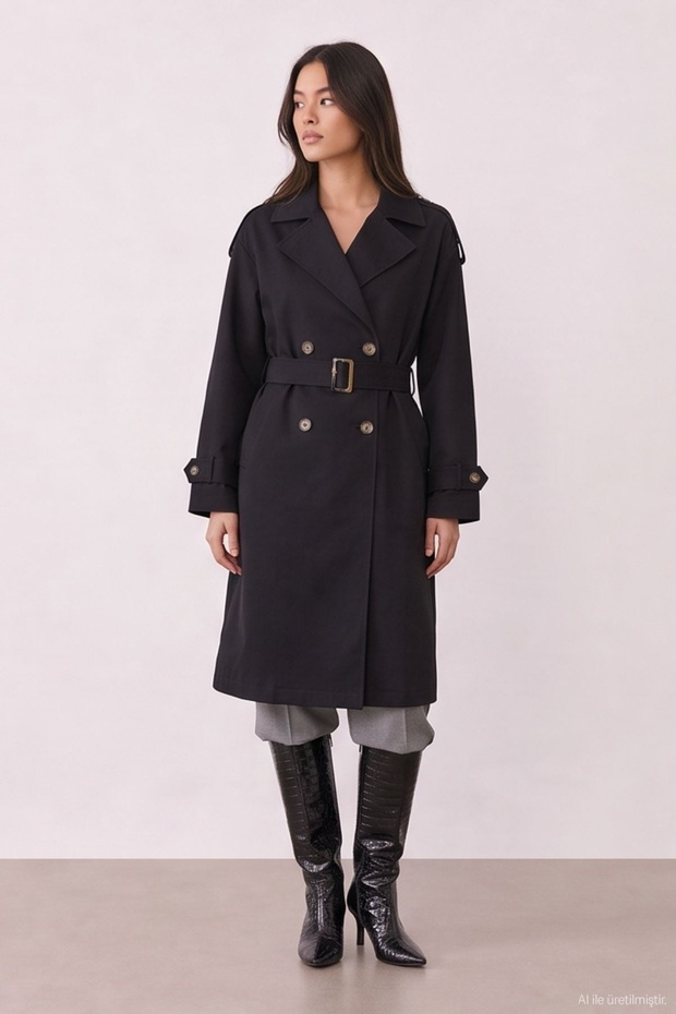 Women's Trench Coat with Tie Detail Trc02810 Black