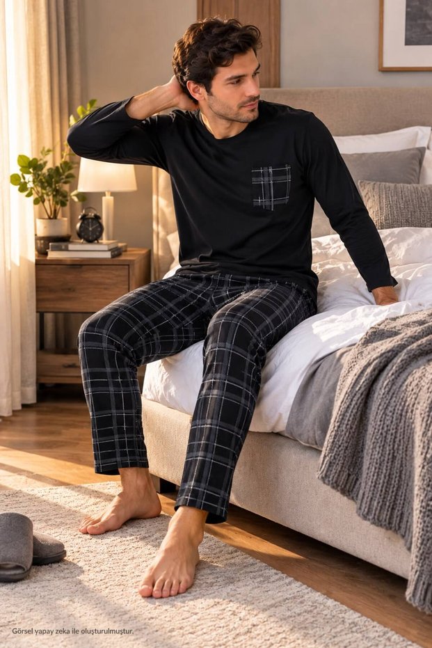 Men's Pocketed Long Sleeve Black Plaid Printed Cotton Knitted Pajama Set
