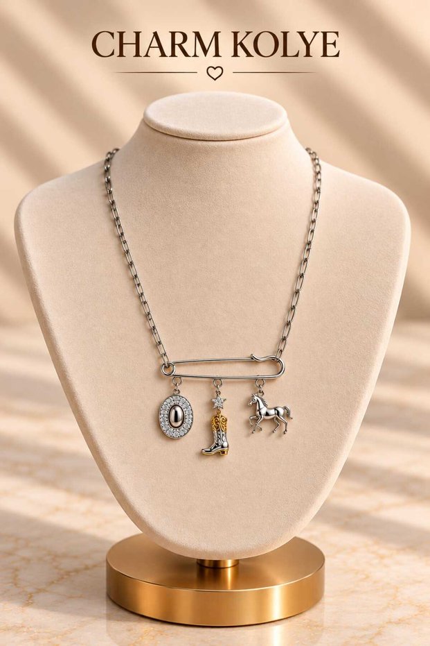 Steel Safety Pin Chain Necklace with Charm Detail