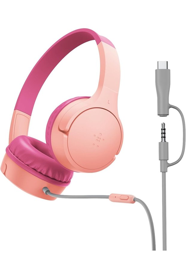 SoundForm Mini Kids Wired Headphones w/USB C to 3.5mm Dongle, Built-in Mic & Fun Stickers, 85dB Max Volume – for Online Learning, Travel, Compatible w/iPhone 16, iPad, Galaxy S25, etc - Pink